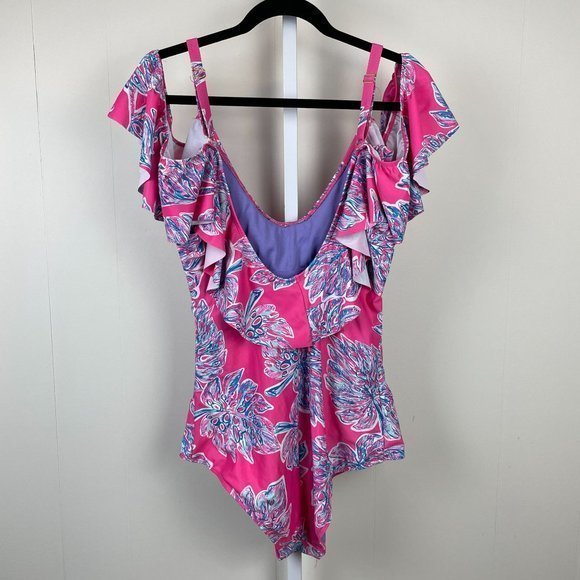 Marilyn Monroe Swimwear One Piece Swimsuit Cold Shoulder Pink Floral Print 2X - Picture 5 of 7